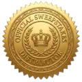 Gold circular seal badge with a crown emblem in the center and the words Official Sweepstakes around the edge.